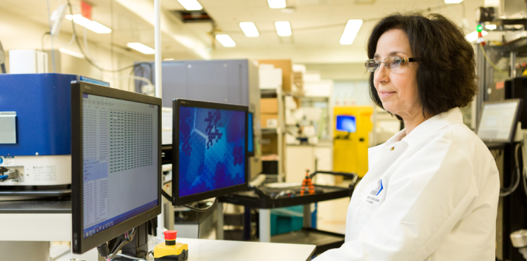 Scientist in lab coat looking at a computer