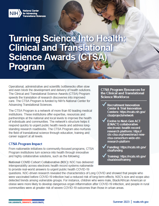 The first page of a fact sheet about the CTSA Program with a banner image at the top followed by text.