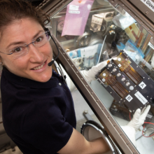 International Space Station U.S. National Lab’s Expedition 59 crew member Christina Koch assists with the University of Washington’s and UW Medicine’s kidney tissue chips in space. (NASA)